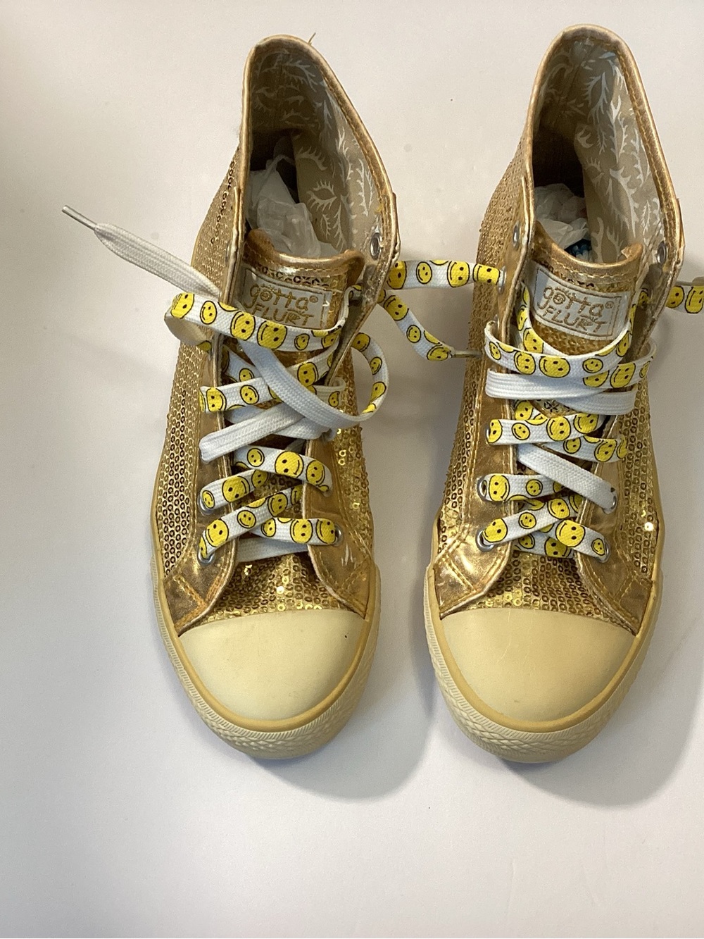 Gotta Flurt Girls' Metallic Gold Sequin High-Top Sneakers with Smiley Laces